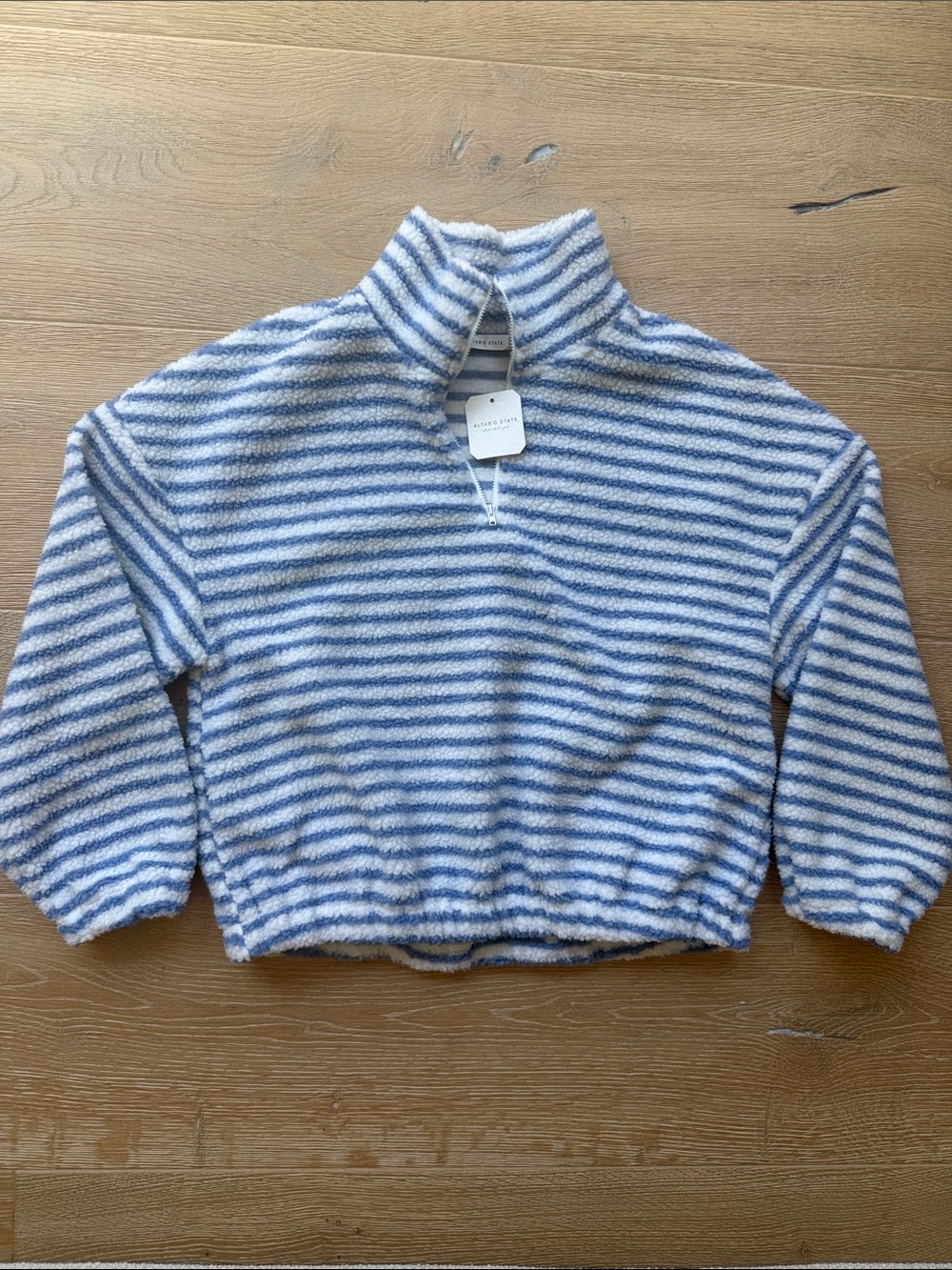 Altar’d State Maren Sherpa Pullover | Blue & White Stripe | Quarter Zip